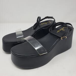 Lulus Black Platform Wedge Ankle Strap Sandals Clear Vinyl SZ 8 Retro Y2K Style